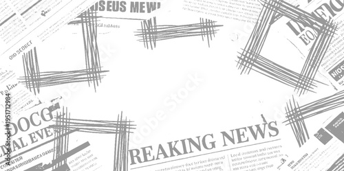 Newspaper headlines and text with overlapping grey scribbled lines and crosshatching print article