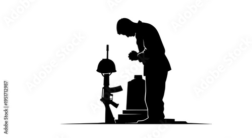 Silhouette of a soldier kneeling in reverence beside a tombstone and rifle symbolizing respect and remembrance