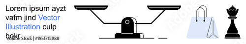 Decision-making, strategic planning, business ethics, shopping behavior, consumer choices, competition. A balanced scale, a chess piece and a shopping bag. Decision-making and strategic planning