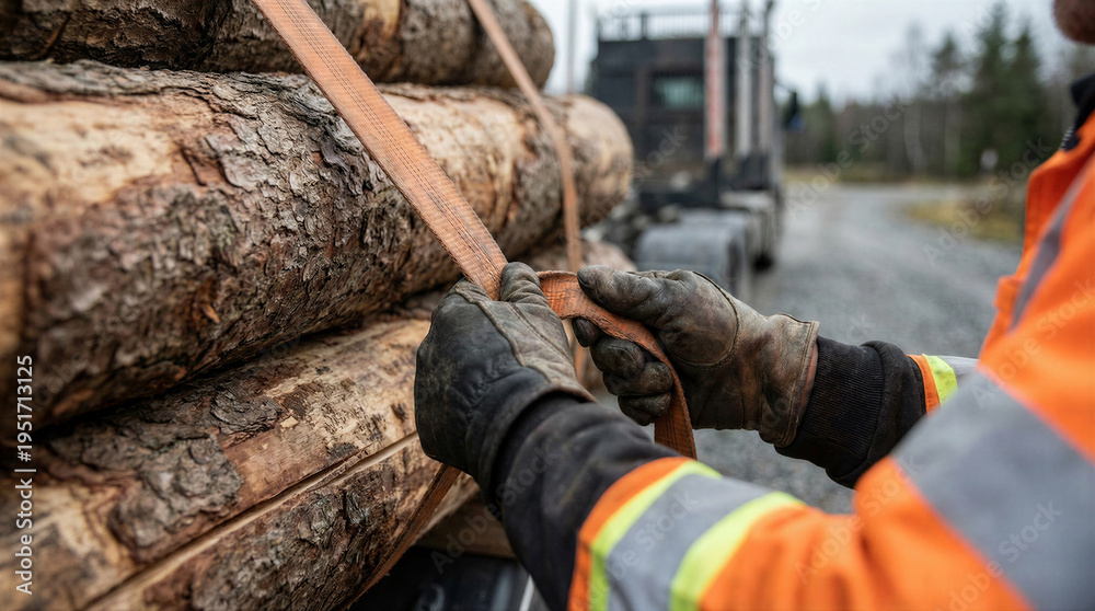 custom made wallpaper toronto digitalLogging truck driver securing timber logs with a heavy duty ratchet strap on a trailer in the forest