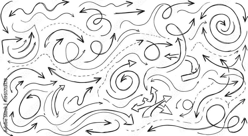 Fototapeta premium Hand drawn doodle arrows collection with curved swirl loop and directional sketch arrow vector illustration set