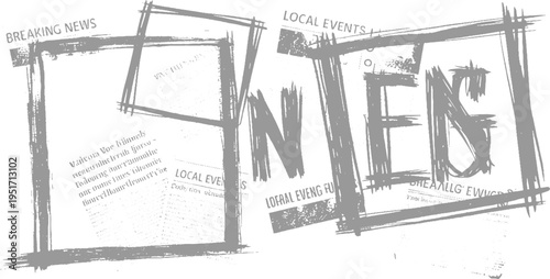 Grungy distressed newspaper headlines breaking news local events with grey brush strokes