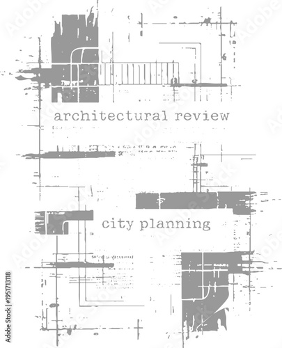 Abstract architectural blueprint with text architectural review and city planning