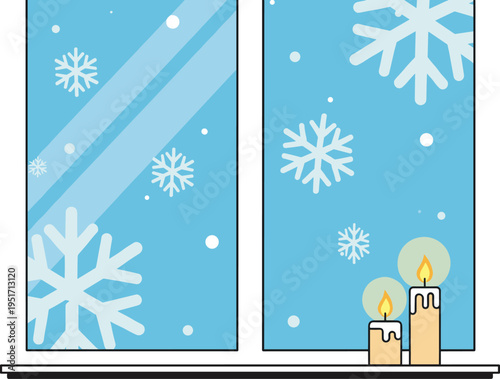 Cozy winter scene with snowflakes on window and lit candles on sill