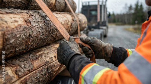 Wallpaper Mural Logging truck driver securing timber logs with a heavy duty ratchet strap on a trailer in the forest Torontodigital.ca