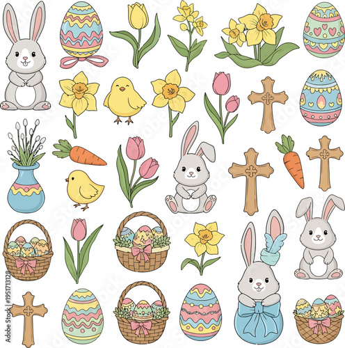 Easter Holiday Cartoon Set  Bunny, Eggs, Chicks, Lamb, Flowers, Cross, Basket, and Carrots Illustration