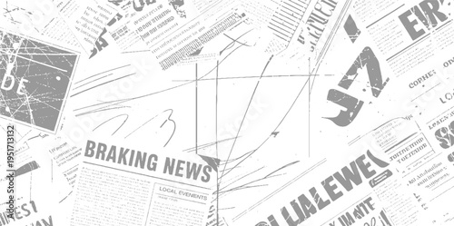 Overlapping newspaper pages with headlines and text in shades of gray and white articles print