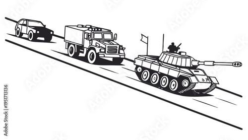 Armored convoy silhouette illustration with tank truck and car on road