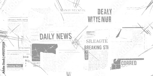 Gray Newspaper Clippings with Headlines and Text Fragments Overlapping Abstract Lines