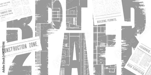 Architectural blueprints and text documents layered over large grey letters forming the word B U I L D I N G