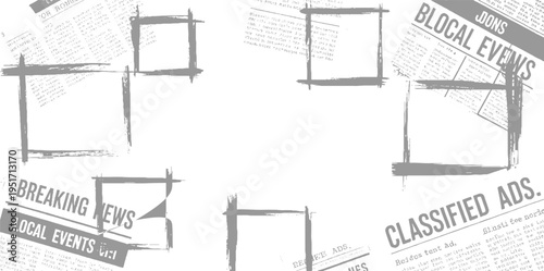 Vintage newspaper clippings with grey brush stroke frames and headlines like breaking news local events and classified ads
