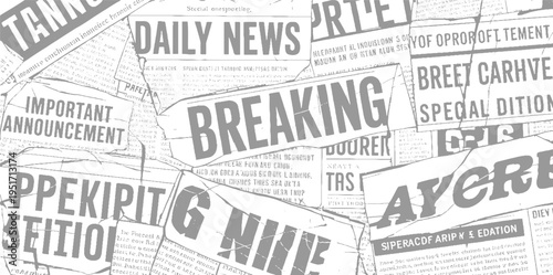 Overlapping grey newspaper headlines and text fragments on white background with distressed lines