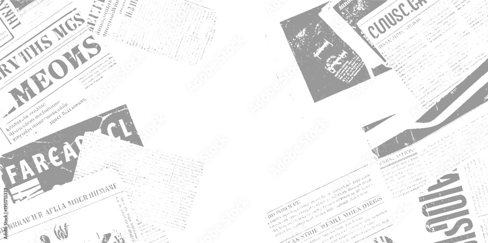 Obraz premium Overlapping grey newspaper fragments with large bold text and fine print white