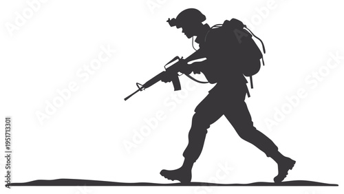 Silhouette of army soldier on patrol with rifle and backpack in black
