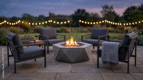 Wallpaper Mural Cozy outdoor patio area with modern chairs around a geometric fire pit at dusk with string lights in background Torontodigital.ca