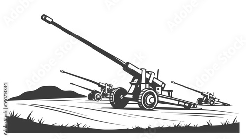 Artillery battery with anti aircraft guns on a plain landscape with grass and a mound