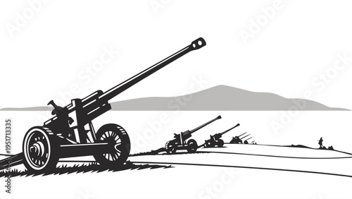 Artillery battery silhouette with cannons on a hilltop overlooking a serene landscape with mountains