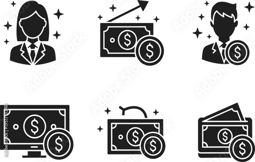 Set of financial icons including businessman and businesswoman avatars, money, wallet, and bank for investment concepts