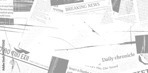 Overlapping grey newspaper clippings with headlines and text fragments print white