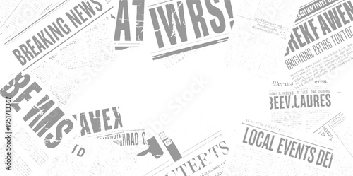 Overlapping grey newspaper headlines and text fragments on white background 1