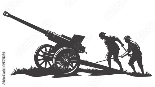 Soldiers operating vintage artillery cannon in field historical military scene with two men working together