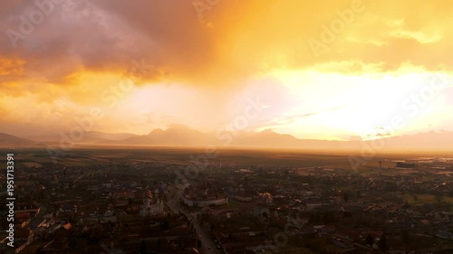 Prejmer Brasov Romania, Tartlau Prejmer Fortified Church, beautiful sunset in storm clouds