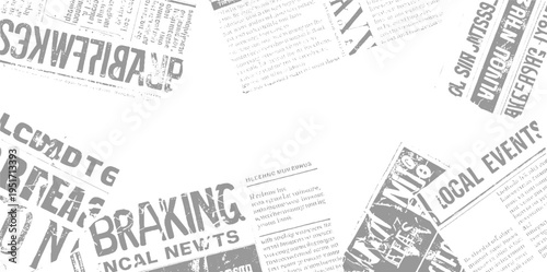 Collaged newspaper headlines and text fragments in grey and white