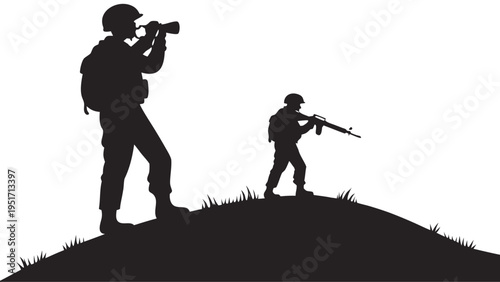 Soldiers on patrol with binoculars and rifle standing on a hilltop in a black silhouette illustration