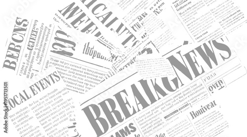 Overlapping grey newspaper headlines and text fragments on white background breaking