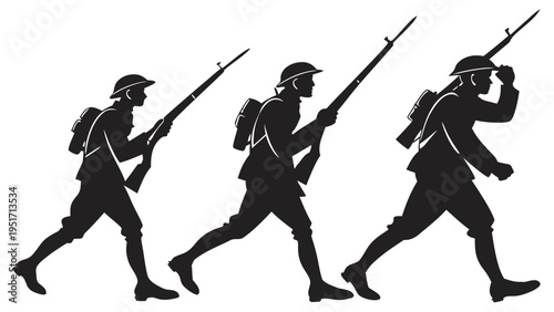 Soldiers marching in formation with rifles and backpacks in black silhouette on white background