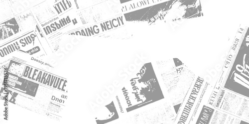 Overlapping grey newspaper pages with visible headlines and text fragments print