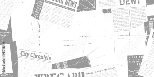 Overlapping newspaper pages with headlines and text in grey and white print