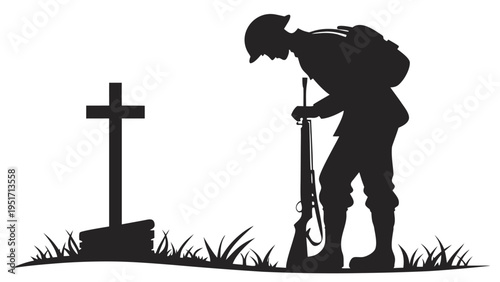 Silhouette of a soldier paying respects at a grave with a rifle and cross symbolizing remembrance and sacrifice in a solemn memorial scene