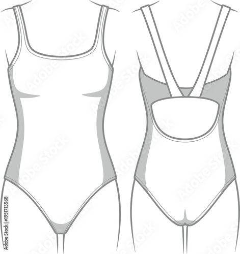Women bodysuit swimsuit template with front and back views for fashion apparel design mockup, cad drawing flat vector illustration