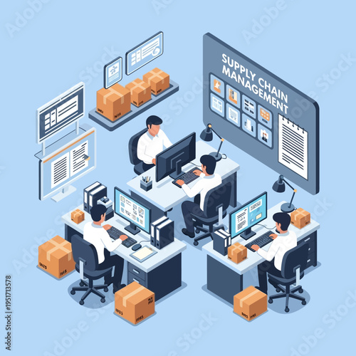 Isometric illustration of supply chain management with workers and packages in an office setting.