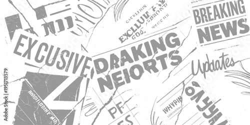 Collage of newspaper headlines and text fragments in grey and white