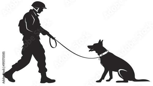 Military dog handler walking german shepherd on leash silhouette illustration