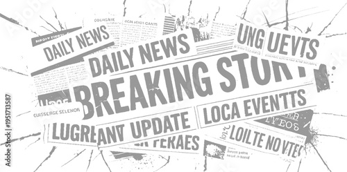 Overlapping grey newspaper headlines and text fragments on a white background