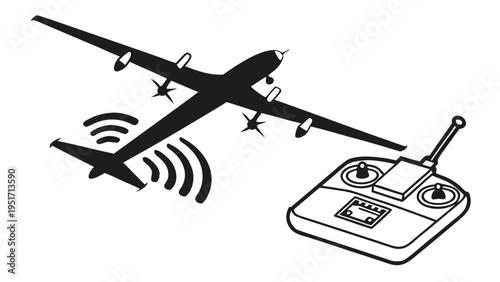 Vector illustration of a military drone flying with remote controller black silhouette on white background