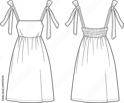 Women bow strap midi dress template, sleeveless summer dress front and back technical fashion drawing – cad drawing flat vector illustration