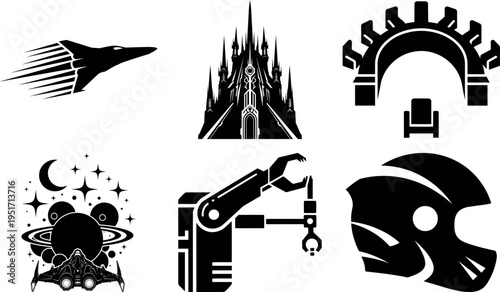 Collection of futuristic and fantasy icons featuring space science and architecture themes