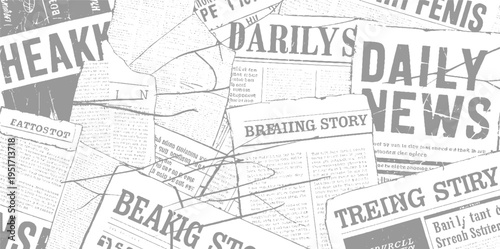 Overlapping vintage newspapers with bold headlines and text