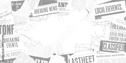 Overlapping grey newspaper headlines and text fragments with abstract lines breaking