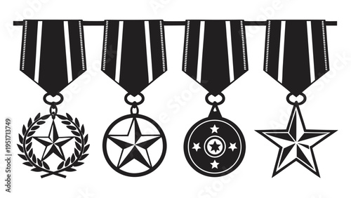 Row of military medals with ribbons and stars on a white background symbolizing honor and achievement