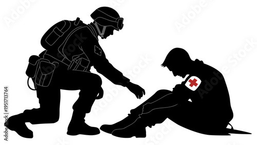 Military medic assisting injured soldier in combat zone with first aid kit and red cross