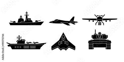 Military naval ship aircraft and war vehicle icon set solid style for defense concept