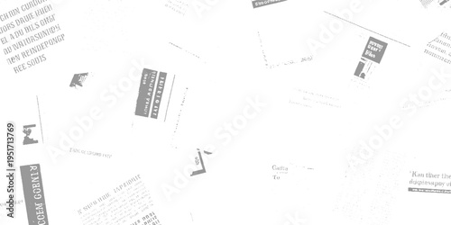 Overlapping grey and white text fragments and shapes on a white background paper grunge