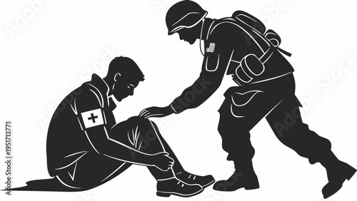 Military medic assists injured soldier with leg injury in emergency situation