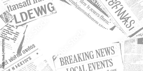 Overlapping Newspaper Clippings With Bold Headlines And Small Print In Gray Tones text