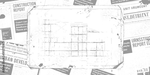 Newspaper clipping with construction report and urban development headlines and architectural blueprint